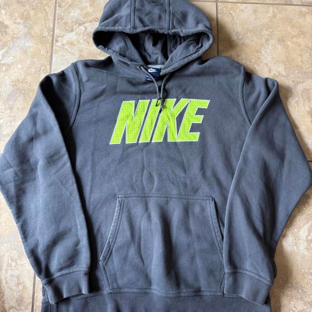 Vintage 2000s Nike Embroidered Neon Mesh Big Logo Hoodie Charcoal Grey XL